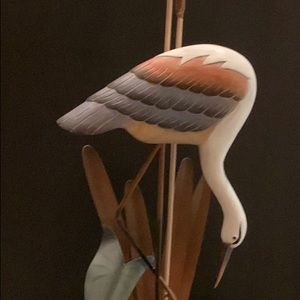 Heron Hunting in Marsh Standing on Base Carved Wood & Metal Cattails, Leaves
